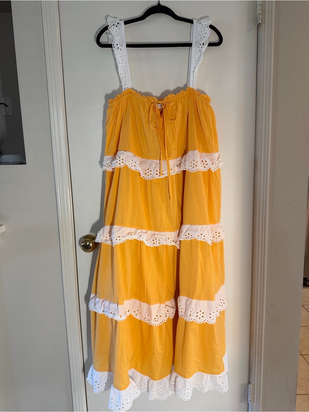 Vici Womens Yellow Eyelet Tiered Maxi Dress with White Trim 100% Cotton